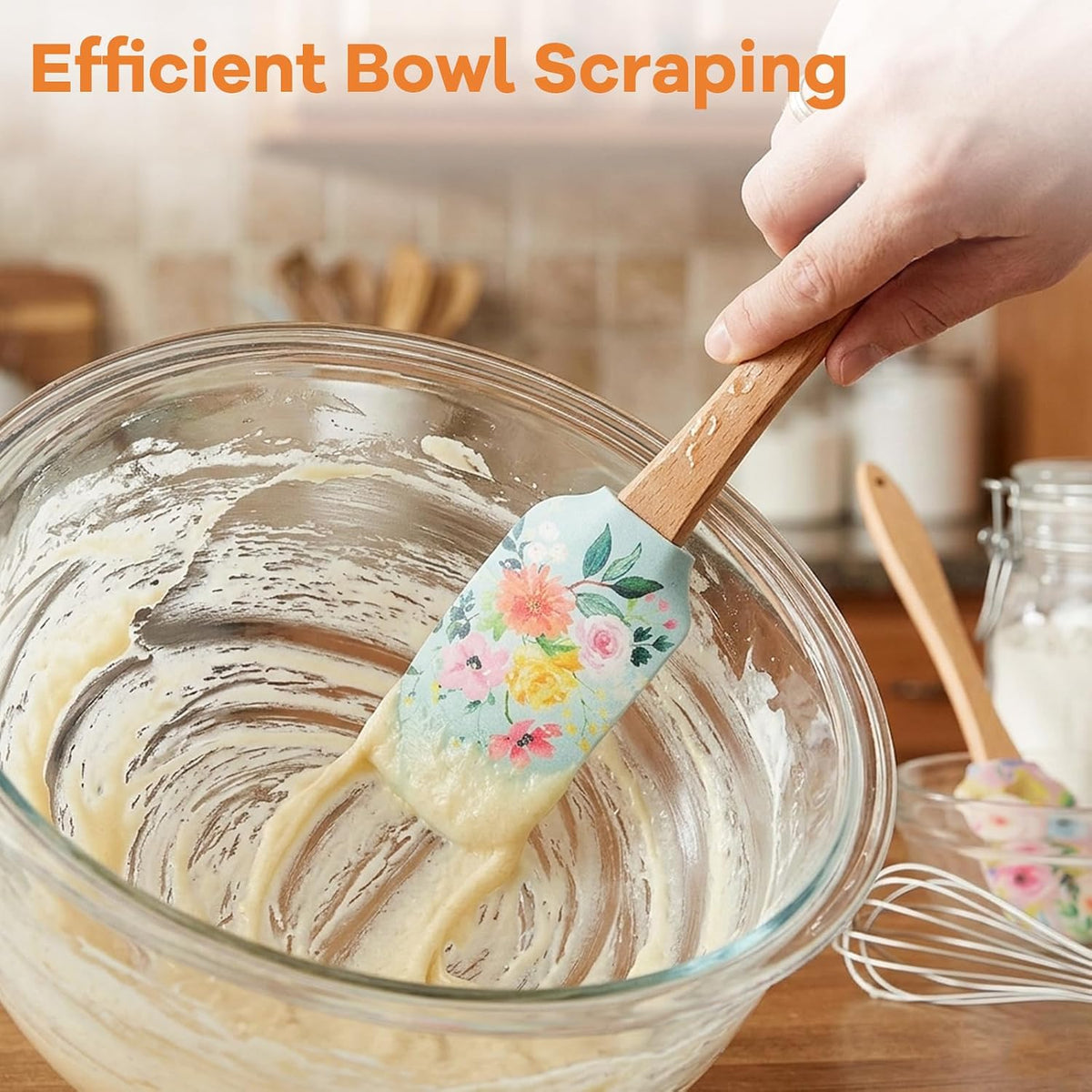 MAGICLULU 2Pcs Floral Silicone Spatula Set with Wooden Handle, Heat Resistant Rubber Scraper for Baking Cake Mixing, Non-Stick Kitchen Utensils for Cooking, Flower Pattern 11.8 Inch