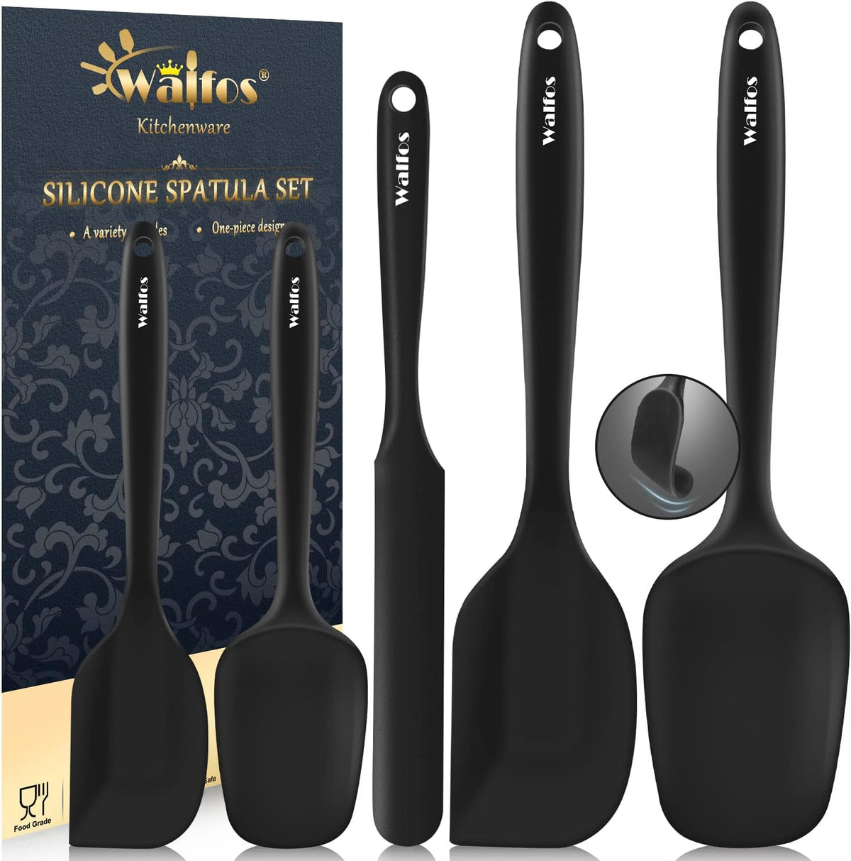 Walfos 600°F High Heat Resistant Silicone Spatula Set of 5- Food Grade Rubber Spatula Set for Baking Cooking & Mixing - BPA Free, Non Stick and Dishwasher Safe,black