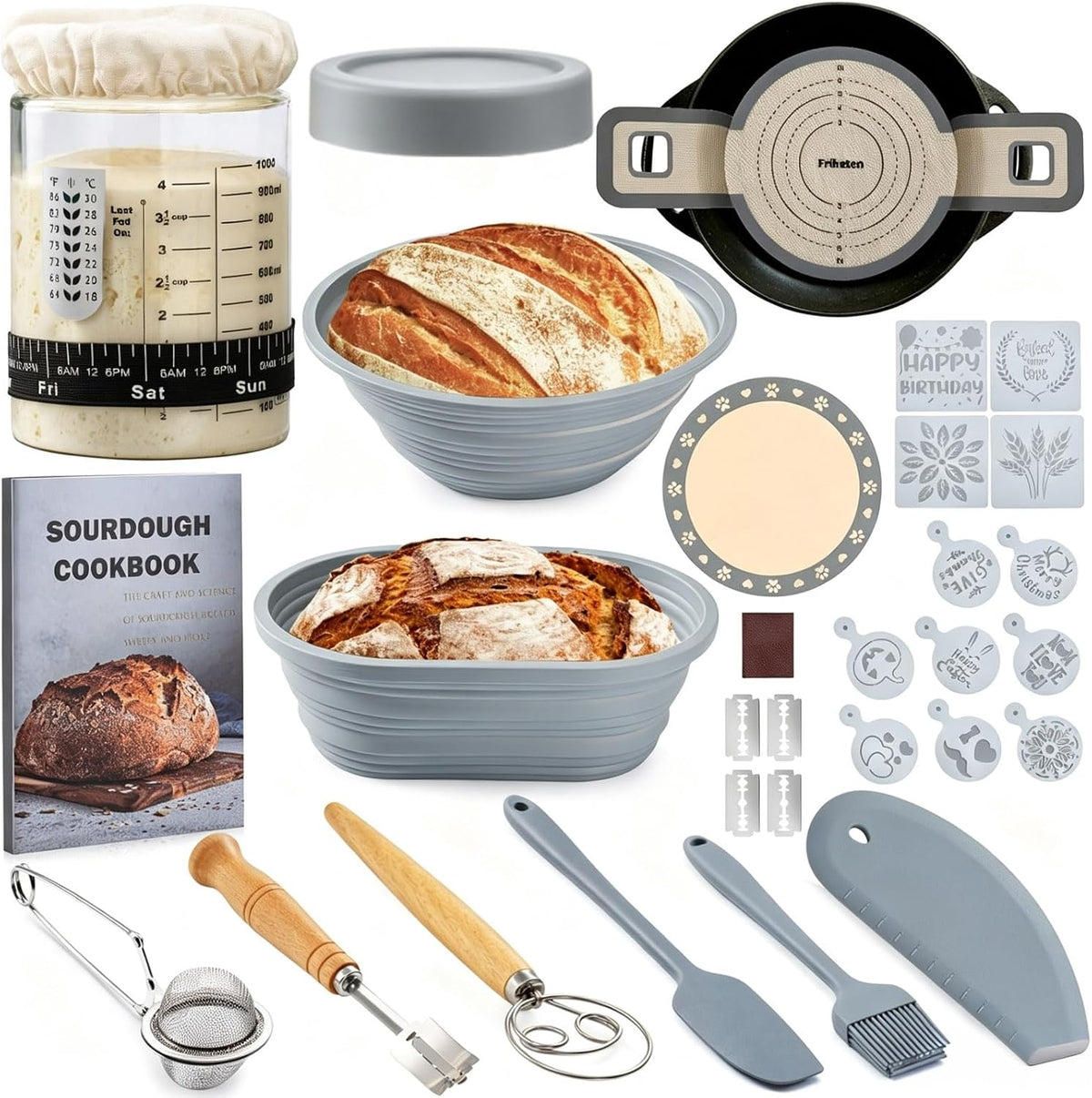 Sourdough Starter Kit, Sourdough Bread Baking Supplies, 35oz Sourdough Starter Jar, Silicone Banneton Bread Proofing Basket Set with 9" Round & 10" Oval,Artisan Bread Baking Tools,Silicone Bread Sling