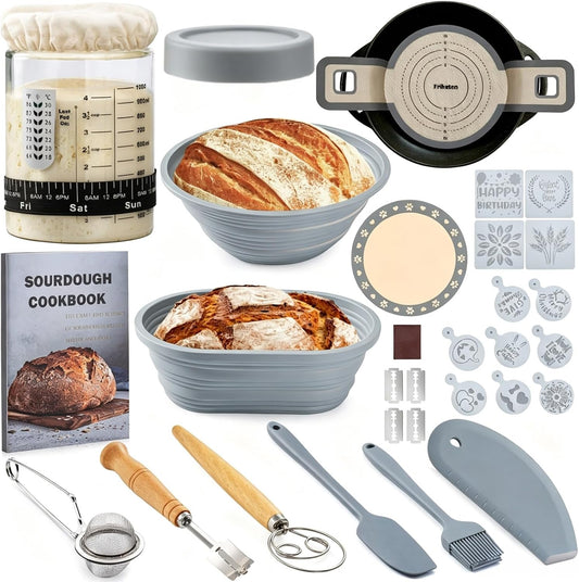 Sourdough Starter Kit, Sourdough Bread Baking Supplies, 35oz Sourdough Starter Jar, Silicone Banneton Bread Proofing Basket Set with 9" Round & 10" Oval,Artisan Bread Baking Tools,Silicone Bread Sling