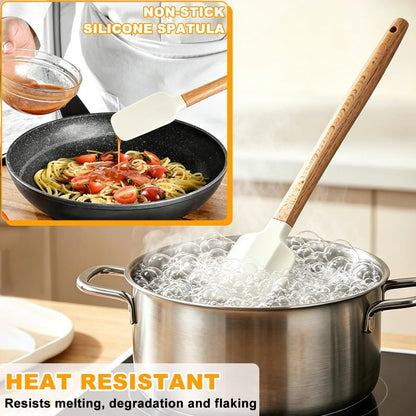 Silicone Spatula Set - 7 Piece Food Grade Rubber Spatula, Heat Resistant Up to 600°F, Wooden Handle Kitchen Utensils Set for Cooking, Baking & Mixing, Jar, Non-Stick Silicone Utensil White