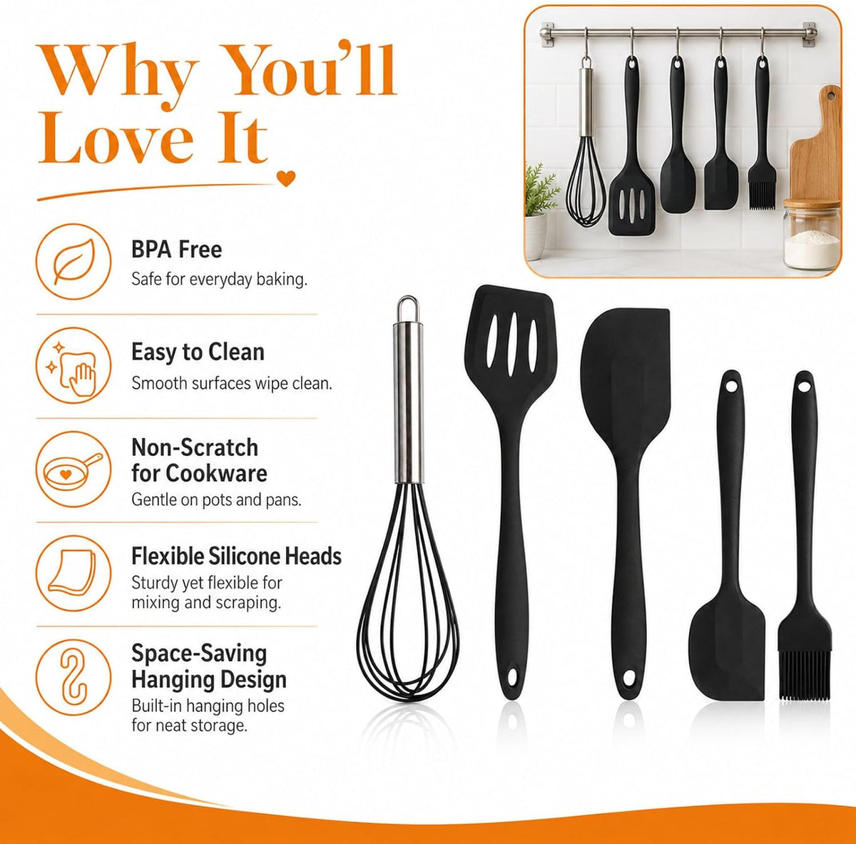 Silicone Spatula Kitchen Utensils Set Heat Resistant Mini 5 Pcs, Black