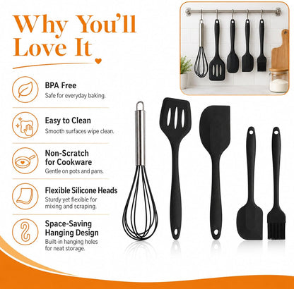 Silicone Spatula Kitchen Utensils Set Heat Resistant Mini 5 Pcs, Black