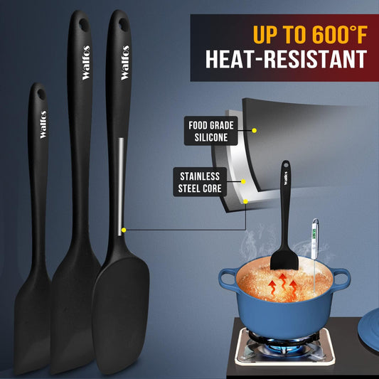 Walfos 600°F High Heat Resistant Silicone Spatula Set of 5- Food Grade Rubber Spatula Set for Baking Cooking & Mixing - BPA Free, Non Stick and Dishwasher Safe,black
