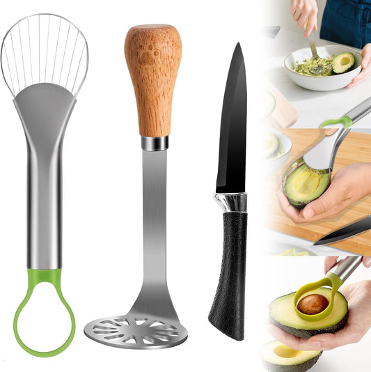 3-in-1 Avocado Slicer Tool Set – Stainless Steel Avocado Cutter, Masher & Peeler, Multi-Function Kitchen Gadget for Guacamole, Salads & Food