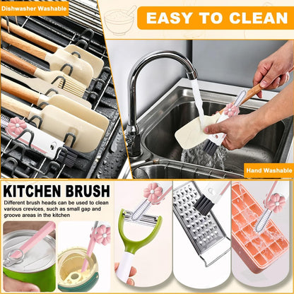 Silicone Spatula Set - 7 Piece Food Grade Rubber Spatula, Heat Resistant Up to 600°F, Wooden Handle Kitchen Utensils Set for Cooking, Baking & Mixing, Jar, Non-Stick Silicone Utensil White