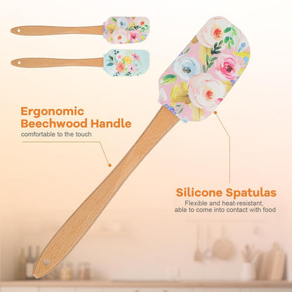 MAGICLULU 2Pcs Floral Silicone Spatula Set with Wooden Handle, Heat Resistant Rubber Scraper for Baking Cake Mixing, Non-Stick Kitchen Utensils for Cooking, Flower Pattern 11.8 Inch