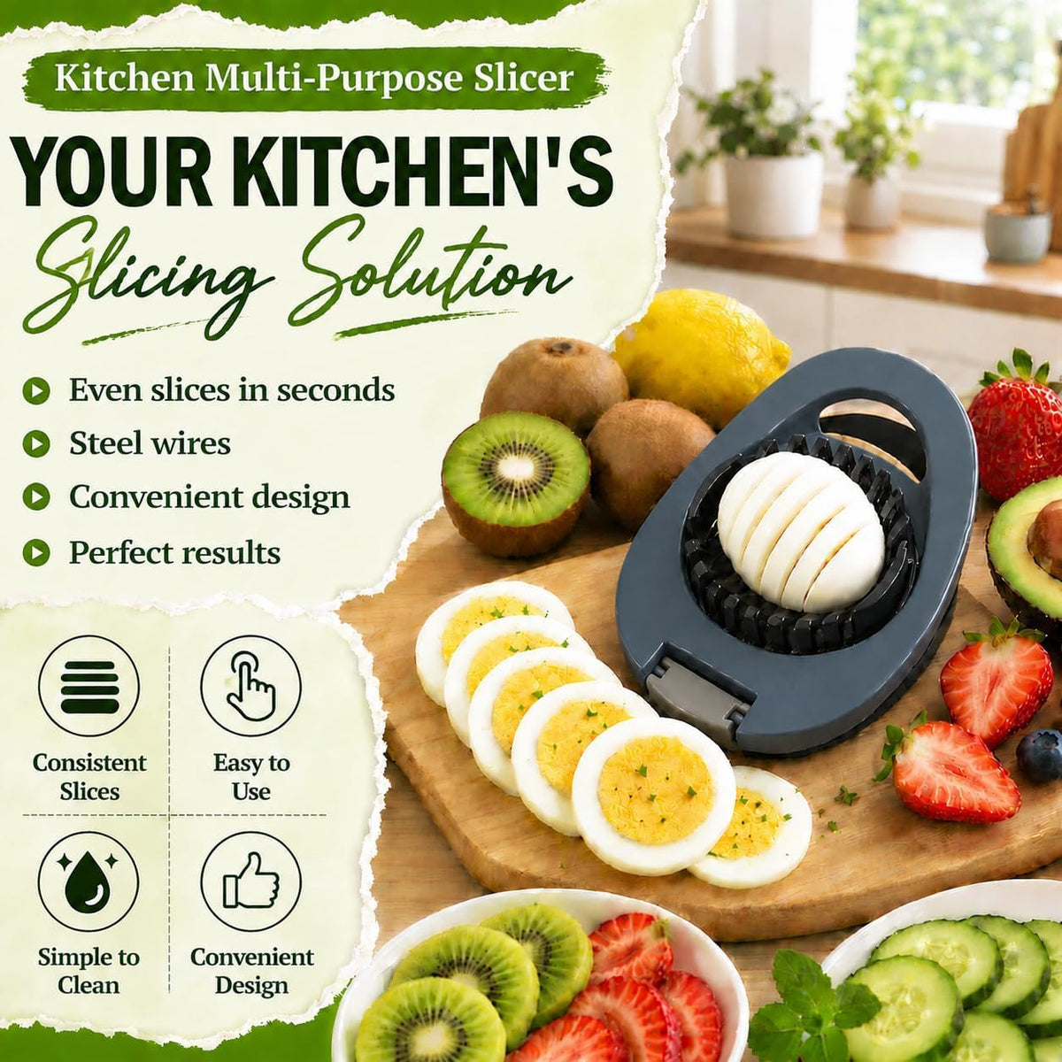 NOVANO Egg Slicer for Hard Boiled Eggs, Multi Function Stainless Steel Wire Egg Cutter, Egg Salad Maker, Fruit Slicer for Avocado, Strawberry, Kiwi Fruit