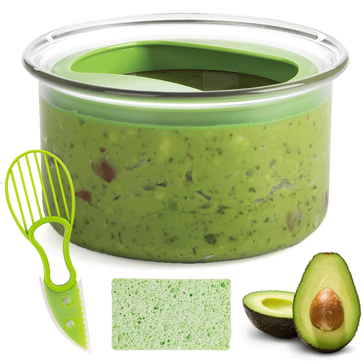 WodGod Guacamole Keeper(2 Pcs), Guacamole Bowls, Avocado Keeper Fresh Guacamole Plastic Kitchen Storage Container with Air Tight Lid, 3-in-1 Avocado Slicer*2 and 2 Cleaning sponges