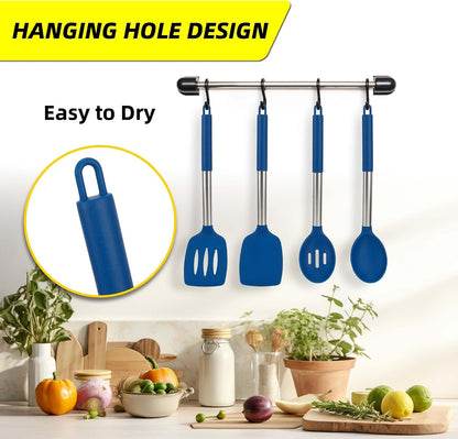 4 Pack Silicone Utensils Set，Non Stick Solid Spatulas, Slotted Spoons with Stainless Steel Handle，Spatulas for Cooking，Frying, Mixing, Serving -Blue