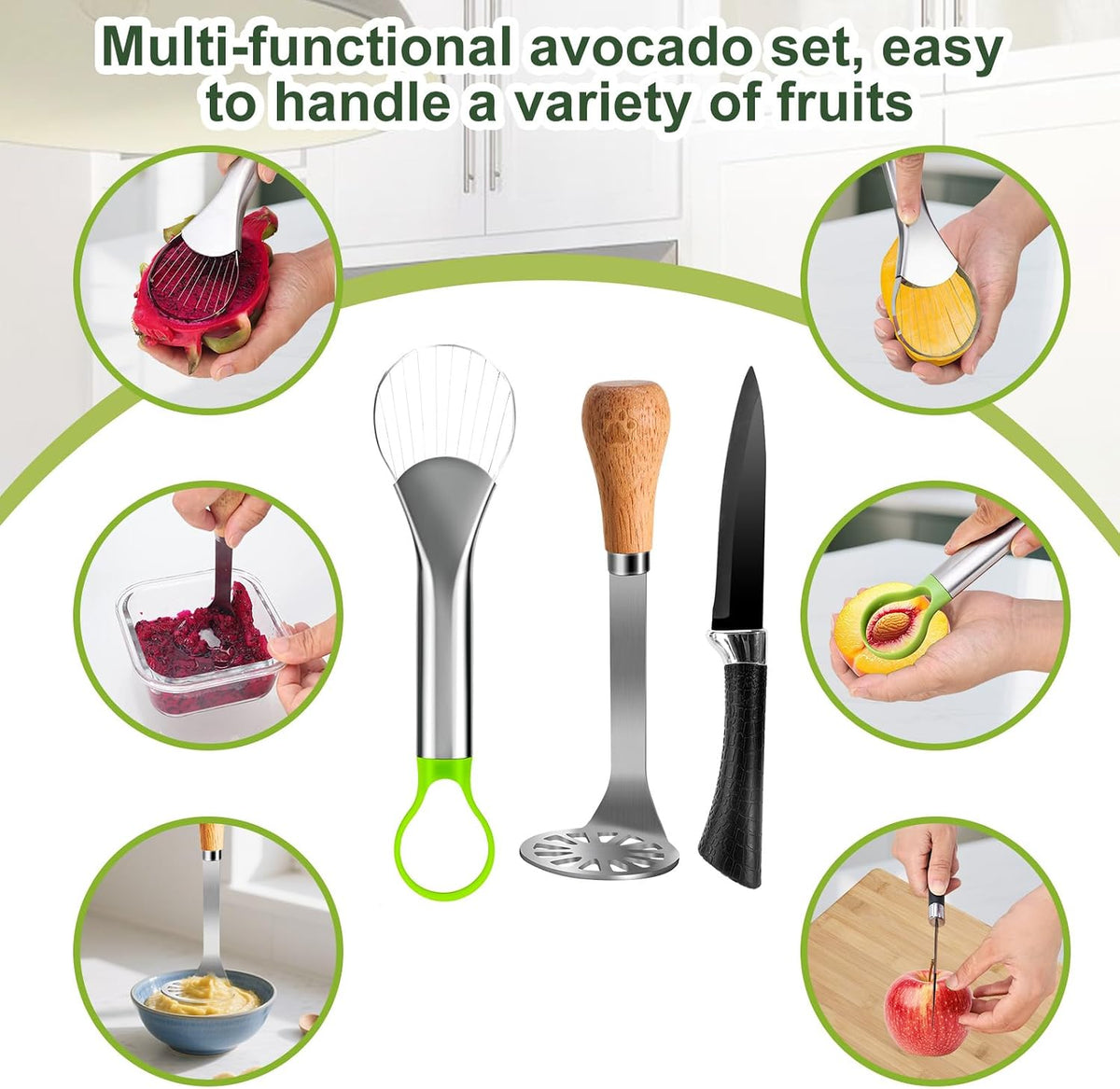 3-in-1 Avocado Slicer Tool Set – Stainless Steel Avocado Cutter, Masher & Peeler, Multi-Function Kitchen Gadget for Guacamole, Salads & Food