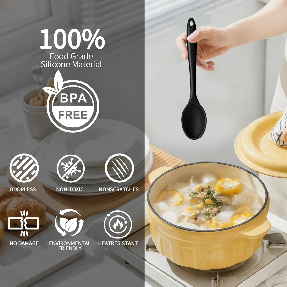 2 Pcs Silicone Spoons,Heat Resistant Mixing Spoons,10in
