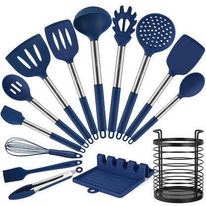 HOTEC Silicone Kitchen Cooking Utensils Set,14pcs Grey