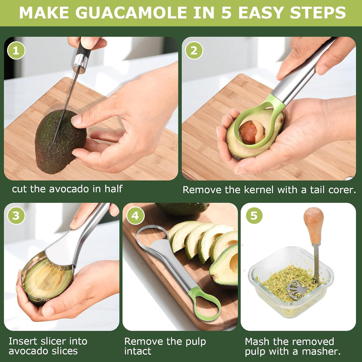 3-in-1 Avocado Slicer Tool Set – Stainless Steel Avocado Cutter, Masher & Peeler, Multi-Function Kitchen Gadget for Guacamole, Salads & Food