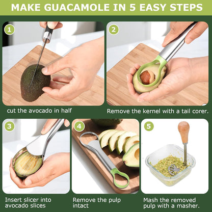 3-in-1 Avocado Slicer Tool Set – Stainless Steel Avocado Cutter, Masher & Peeler, Multi-Function Kitchen Gadget for Guacamole, Salads & Food