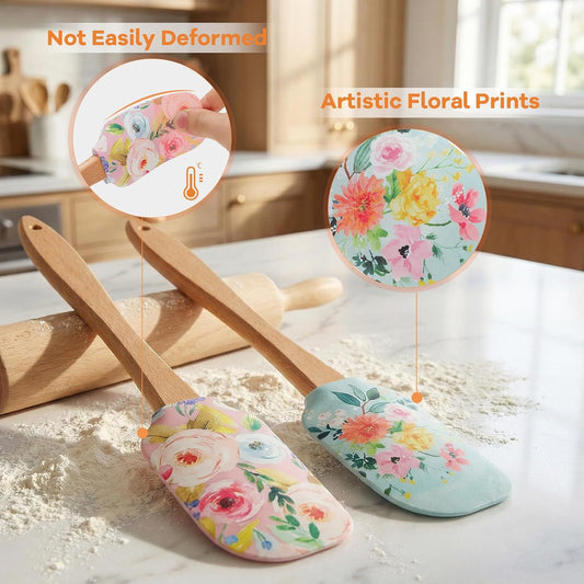 MAGICLULU 2Pcs Floral Silicone Spatula Set with Wooden Handle, Heat Resistant Rubber Scraper for Baking Cake Mixing, Non-Stick Kitchen Utensils for Cooking, Flower Pattern 11.8 Inch