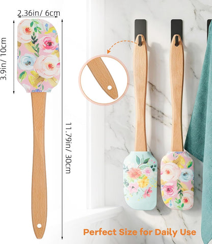 MAGICLULU 2Pcs Floral Silicone Spatula Set with Wooden Handle, Heat Resistant Rubber Scraper for Baking Cake Mixing, Non-Stick Kitchen Utensils for Cooking, Flower Pattern 11.8 Inch
