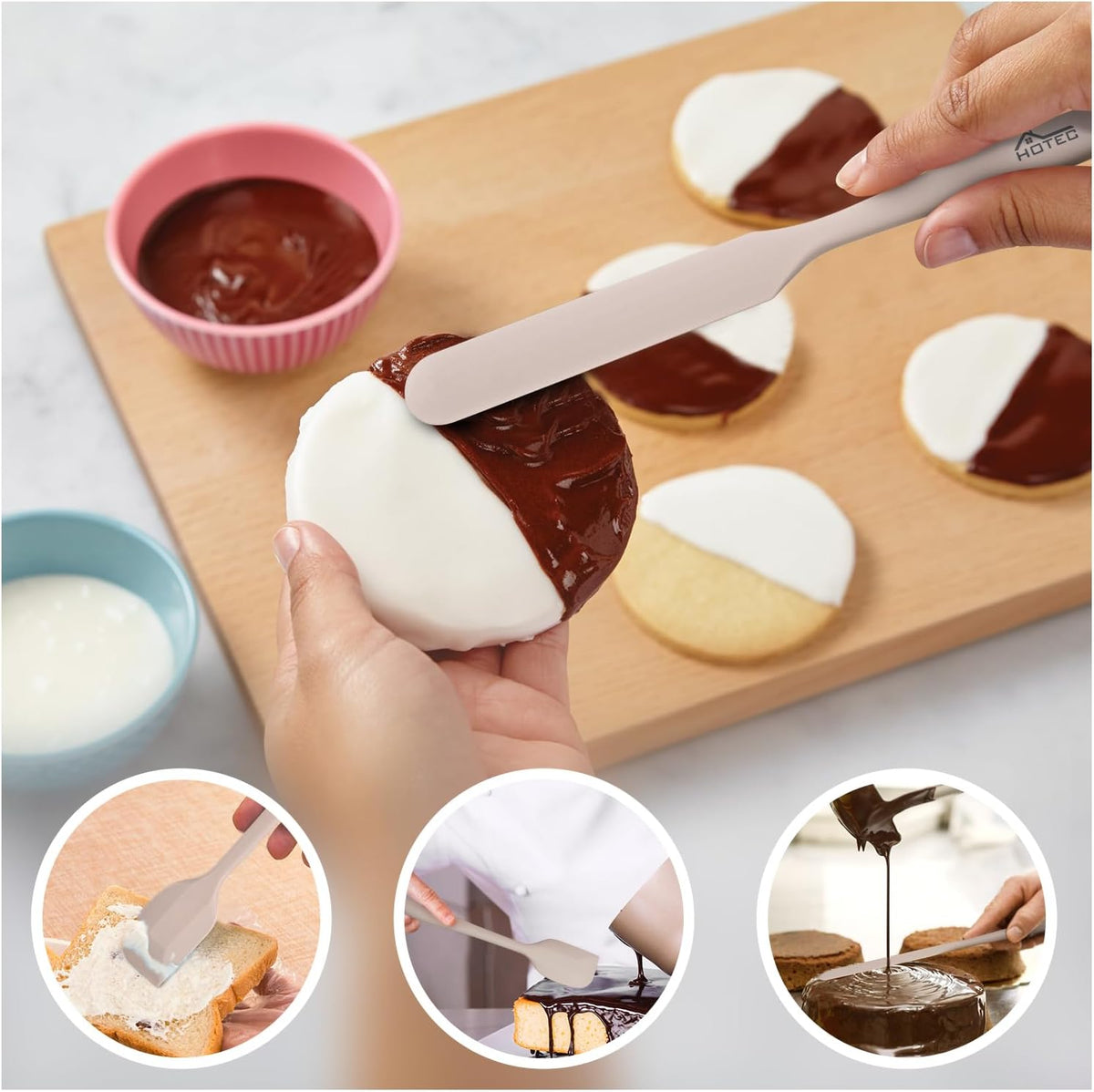 HOTEC 600℉ Heat Resistant Silicone Rubber Spatula Set, Khaki, Set of 5