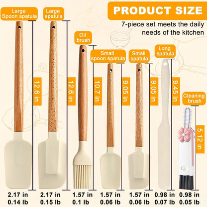 Silicone Spatula Set - 7 Piece Food Grade Rubber Spatula, Heat Resistant Up to 600°F, Wooden Handle Kitchen Utensils Set for Cooking, Baking & Mixing, Jar, Non-Stick Silicone Utensil White