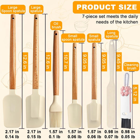 Silicone Spatula Set - 7 Piece Food Grade Rubber Spatula, Heat Resistant Up to 600°F, Wooden Handle Kitchen Utensils Set for Cooking, Baking & Mixing, Jar, Non-Stick Silicone Utensil White