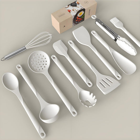 Silicone Cooking Utensils Set - 600°F Heat Resistant, Nonstick Kitchen Utensil Set with Spatulas, Spoons, Whisk, Tongs, BPA Free, Dishwasher Safe, Cream White