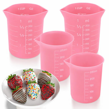 Palksky Silicone Chocolate Melting Cup Set with 4 Silicone Measuring Cups (250ml & 350ml) and 4PCS Heat-Resistant Jar Spatulas, Non-Stick Baking Tools for DIY Chocolate, Butter & Cream Mixing