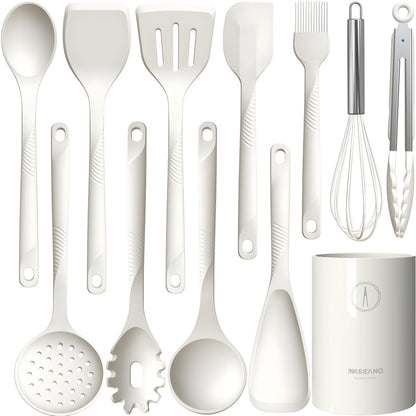 Silicone Cooking Utensils Set - 600°F Heat Resistant, Nonstick Kitchen Utensil Set with Spatulas, Spoons, Whisk, Tongs, BPA Free, Dishwasher Safe, Cream White
