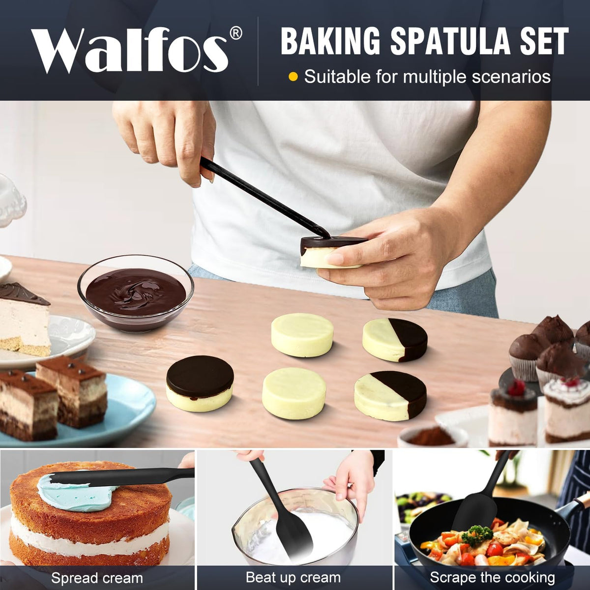 Walfos 600°F High Heat Resistant Silicone Spatula Set of 5- Food Grade Rubber Spatula Set for Baking Cooking & Mixing - BPA Free, Non Stick and Dishwasher Safe,black