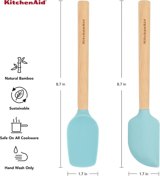 KitchenAid Bamboo Wood Handled MINI Spatula Set with Silicone Head, Set Of 2, Aqua Sky