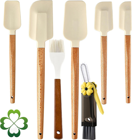 7 Piece Silicone Spatula Set, Food Grade Rubber Spatula Set with Wooden Handle, Heat Resistant Up to 600°F, Silicone Utensils Set for Baking, Cooking & Mixing, Jar, Non-Stick Kitchen Utensils