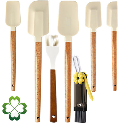 7 Piece Silicone Spatula Set, Food Grade Rubber Spatula Set with Wooden Handle, Heat Resistant Up to 600°F, Silicone Utensils Set for Baking, Cooking & Mixing, Jar, Non-Stick Kitchen Utensils
