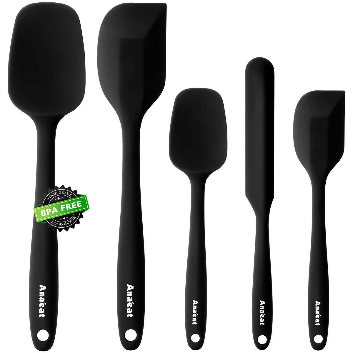 Anaeat 4 Piece Silicone Spatula Set - Seamless One-Pieces Design - Non Stick Rubber Spatulas Kitchen Scraper for Baking, Cooking, Scraping & Mixing, Heat Resistant & BPA Free & Dishwasher Safe (Black)