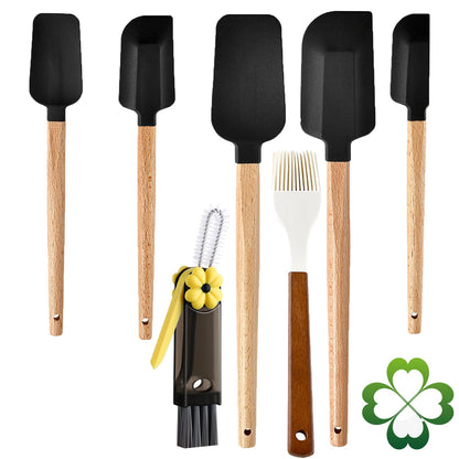 7 Piece Silicone Spatula Set, Food Grade Rubber Spatula Set with Wooden Handle, Heat Resistant Up to 600°F, Silicone Utensils Set for Baking, Cooking & Mixing, Jar, Non-Stick Kitchen Utensils
