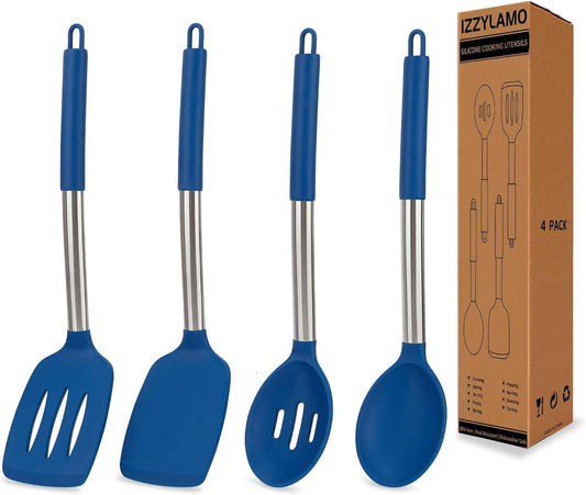 4 Pack Silicone Utensils Set，Non Stick Solid Spatulas, Slotted Spoons with Stainless Steel Handle，Spatulas for Cooking，Frying, Mixing, Serving -Blue