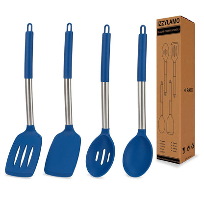 4 Pack Silicone Utensils Set，Non Stick Solid Spatulas, Slotted Spoons with Stainless Steel Handle，Spatulas for Cooking，Frying, Mixing, Serving -Blue