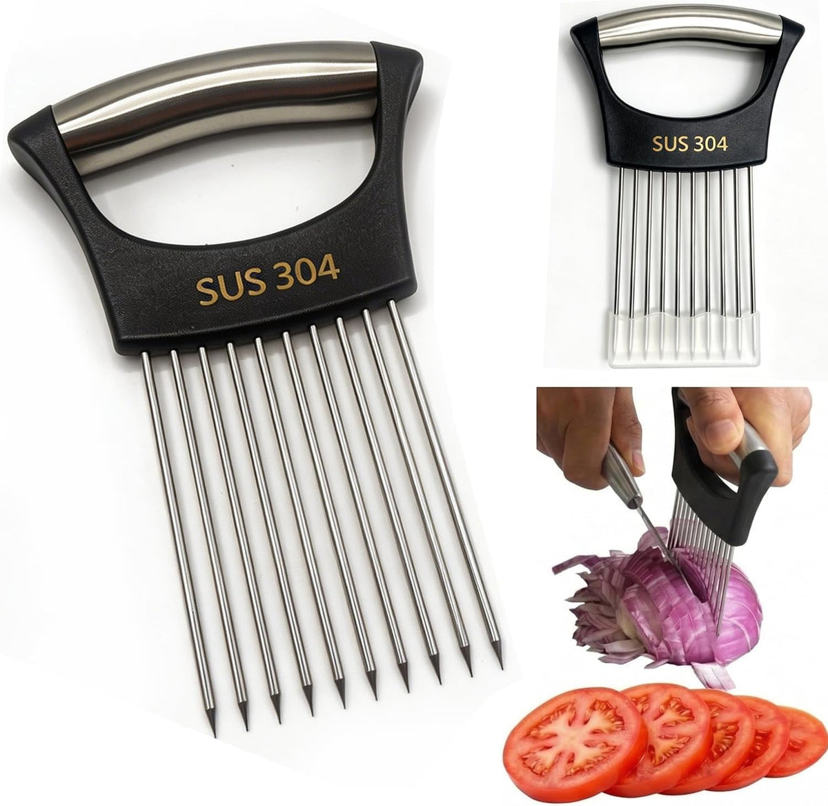 Onion Holder for Slicing, Onion Cutter Vegetable Chopper, 304 Stainless Steel Tomato Slicer Vegetable Cutter for Potato, Avocados, Eggs, Food Slicer Assistant Tool for Fruit Lemon and Meat