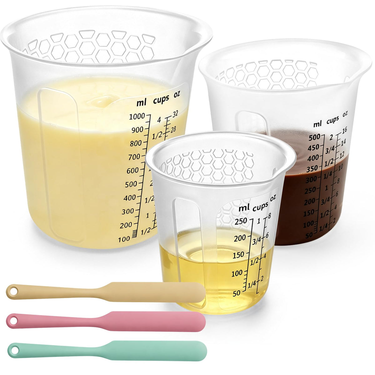 Palksky Silicone Chocolate Melting Cup Set with 4 Silicone Measuring Cups (250ml & 350ml) and 4PCS Heat-Resistant Jar Spatulas, Non-Stick Baking Tools for DIY Chocolate, Butter & Cream Mixing
