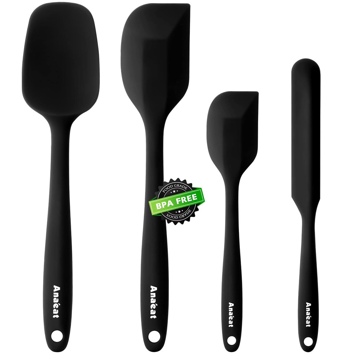 Anaeat 4 Piece Silicone Spatula Set - Seamless One-Pieces Design - Non Stick Rubber Spatulas Kitchen Scraper for Baking, Cooking, Scraping & Mixing, Heat Resistant & BPA Free & Dishwasher Safe (Black)