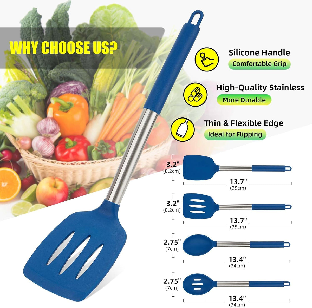 4 Pack Silicone Utensils Set，Non Stick Solid Spatulas, Slotted Spoons with Stainless Steel Handle，Spatulas for Cooking，Frying, Mixing, Serving -Blue