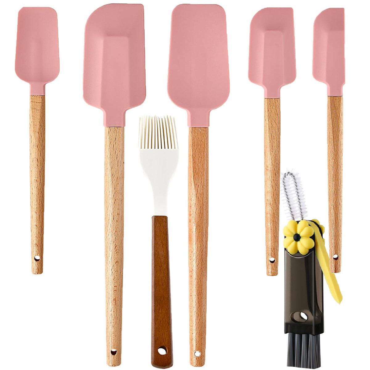 7 Piece Silicone Spatula Set, Food Grade Rubber Spatula Set with Wooden Handle, Heat Resistant Up to 600°F, Silicone Utensils Set for Baking, Cooking & Mixing, Jar, Non-Stick Kitchen Utensils