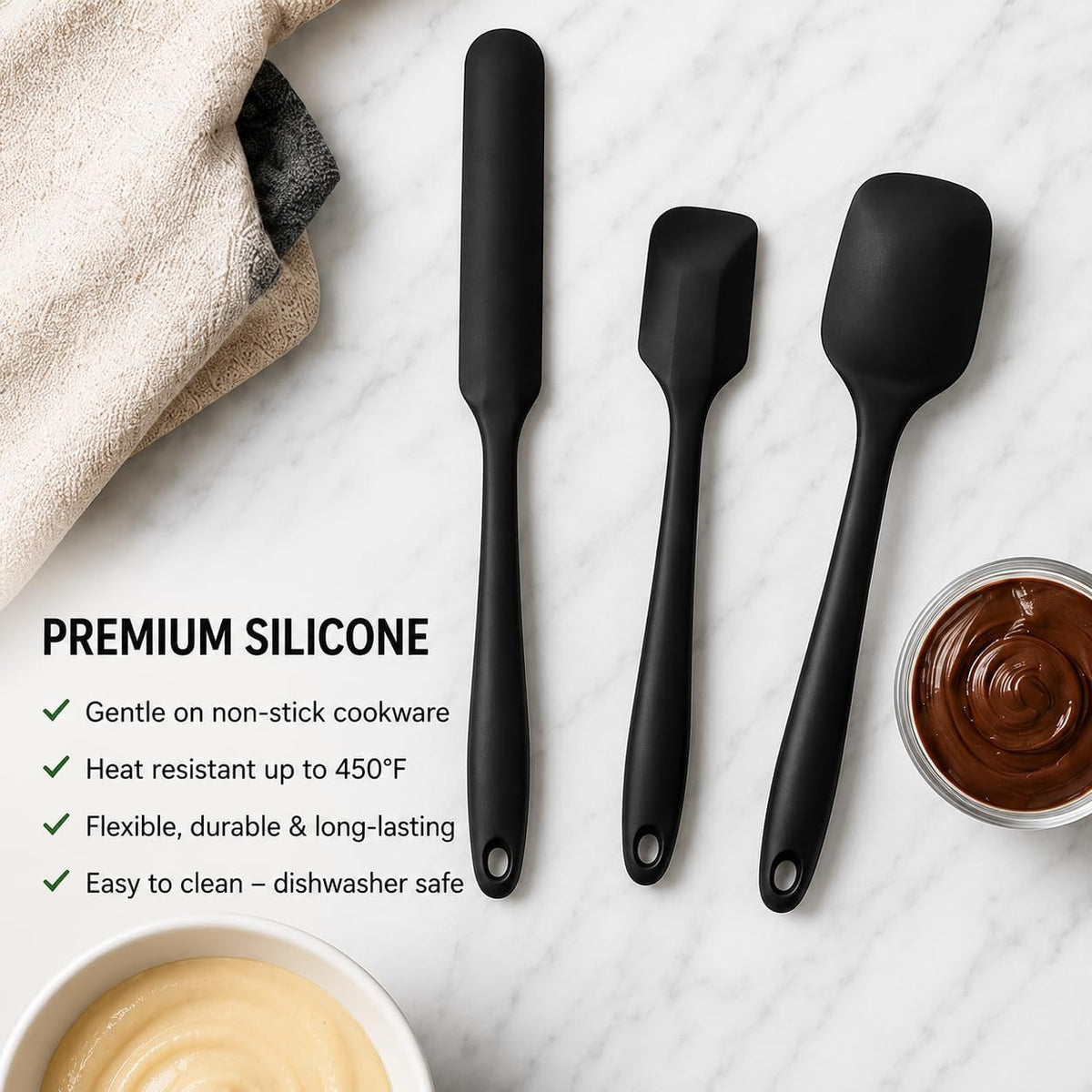 Mini Silicone Spatula Set, 3-Piece Heat Resistant Kitchen Scraper Tools for Jars, Baking, Mixing & Cooking, Flexible Nonstick Silicone, Black