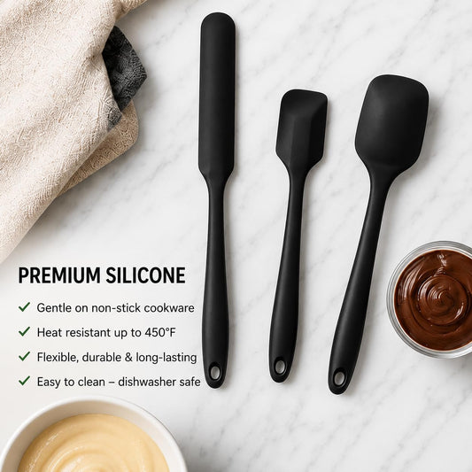 Mini Silicone Spatula Set, 3-Piece Heat Resistant Kitchen Scraper Tools for Jars, Baking, Mixing & Cooking, Flexible Nonstick Silicone, Black