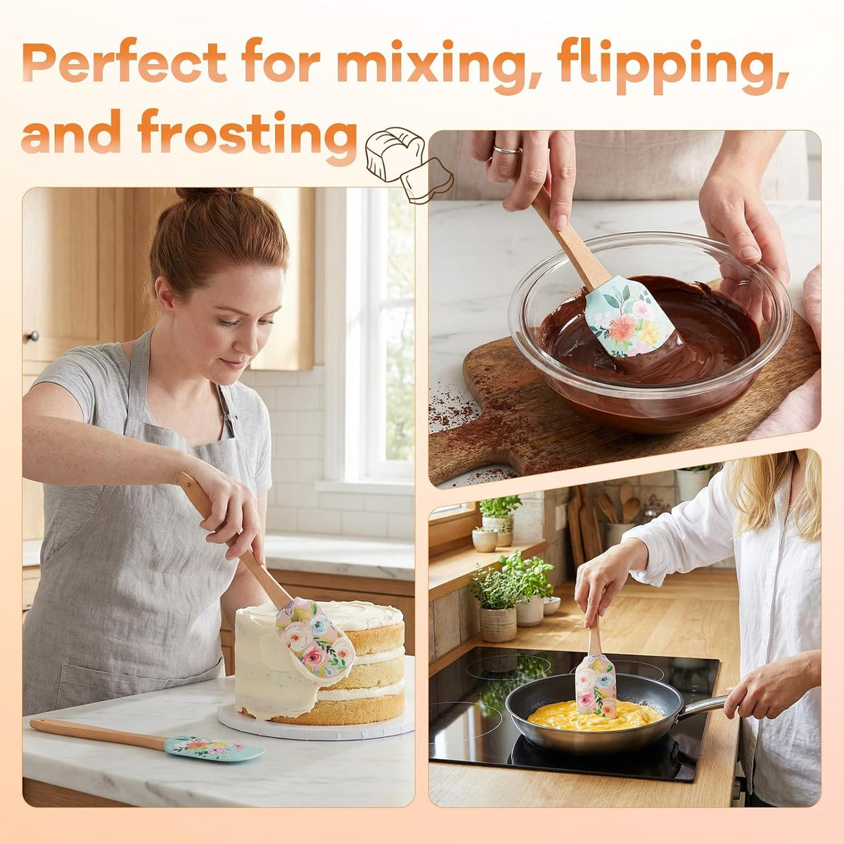 MAGICLULU 2Pcs Floral Silicone Spatula Set with Wooden Handle, Heat Resistant Rubber Scraper for Baking Cake Mixing, Non-Stick Kitchen Utensils for Cooking, Flower Pattern 11.8 Inch