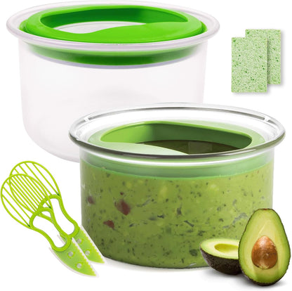 WodGod Guacamole Keeper(2 Pcs), Guacamole Bowls, Avocado Keeper Fresh Guacamole Plastic Kitchen Storage Container with Air Tight Lid, 3-in-1 Avocado Slicer*2 and 2 Cleaning sponges