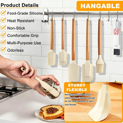 Silicone Spatula Set - 7 Piece Food Grade Rubber Spatula, Heat Resistant Up to 600°F, Wooden Handle Kitchen Utensils Set for Cooking, Baking & Mixing, Jar, Non-Stick Silicone Utensil White
