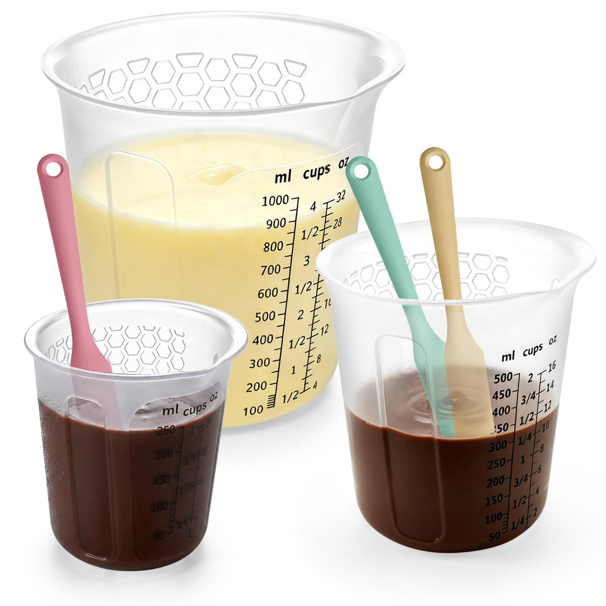 Palksky Silicone Chocolate Melting Cup Set with 4 Silicone Measuring Cups (250ml & 350ml) and 4PCS Heat-Resistant Jar Spatulas, Non-Stick Baking Tools for DIY Chocolate, Butter & Cream Mixing