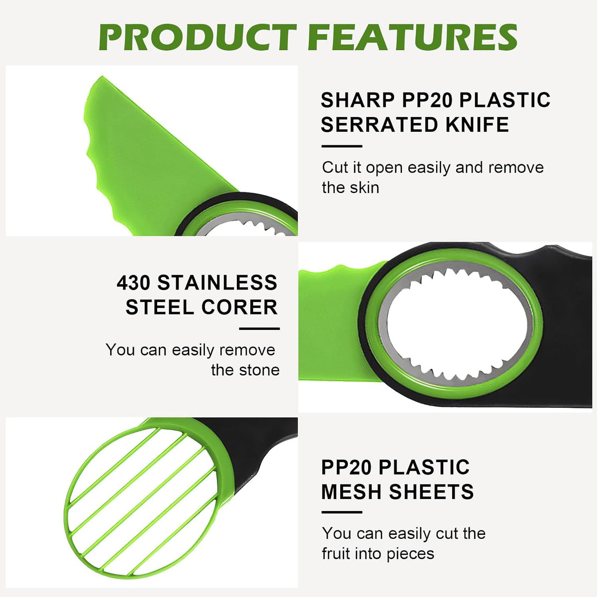 [YQBHDMTM] 3-in-1 Avocado Slicer Knife with Pitter & Peeler, Stainless Steel Blade Avocado Cutter Tool for Slicing, Pitting & Scooping – Dishwasher Safe, Green