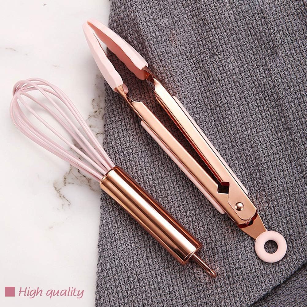 Collfa Rose Gold And Pink Kitchen Utensil Small Five-Piece Set Mini Silicone Kids Kitchen Tools Whisk Spatula Tongs Spoon And Slotted Spatula(Kids Baking Supplies)