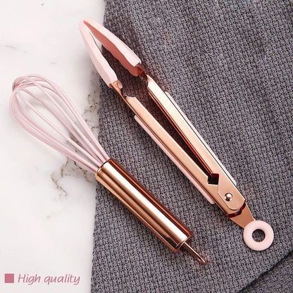 Collfa Rose Gold And Pink Kitchen Utensil Small Five-Piece Set Mini Silicone Kids Kitchen Tools Whisk Spatula Tongs Spoon And Slotted Spatula(Kids Baking Supplies)