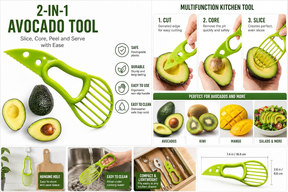 Kitchen Tool set, Garlic Grater, Avocado Slicer and Pitter, Cherry/Olive Pitter, Multifunction Egg & Vegetable Slicer, BPA-Free Food Grade Kitchen Gadgets Set, Green